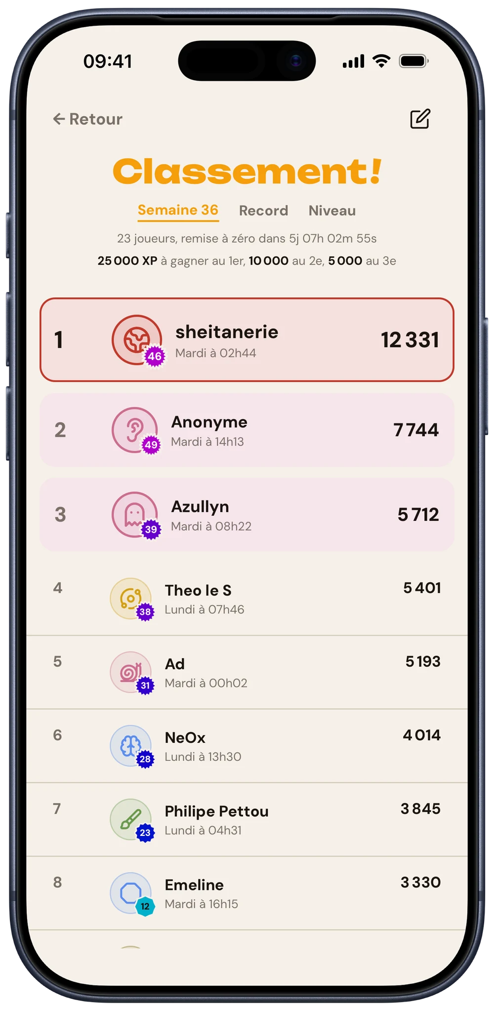 Classement de la semaine, podium et récompenses